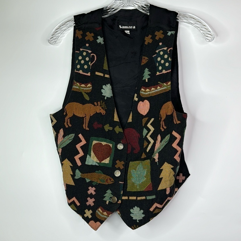Vintage Samara Wildlife Moose Fish Abstract Black Vest Size Medium